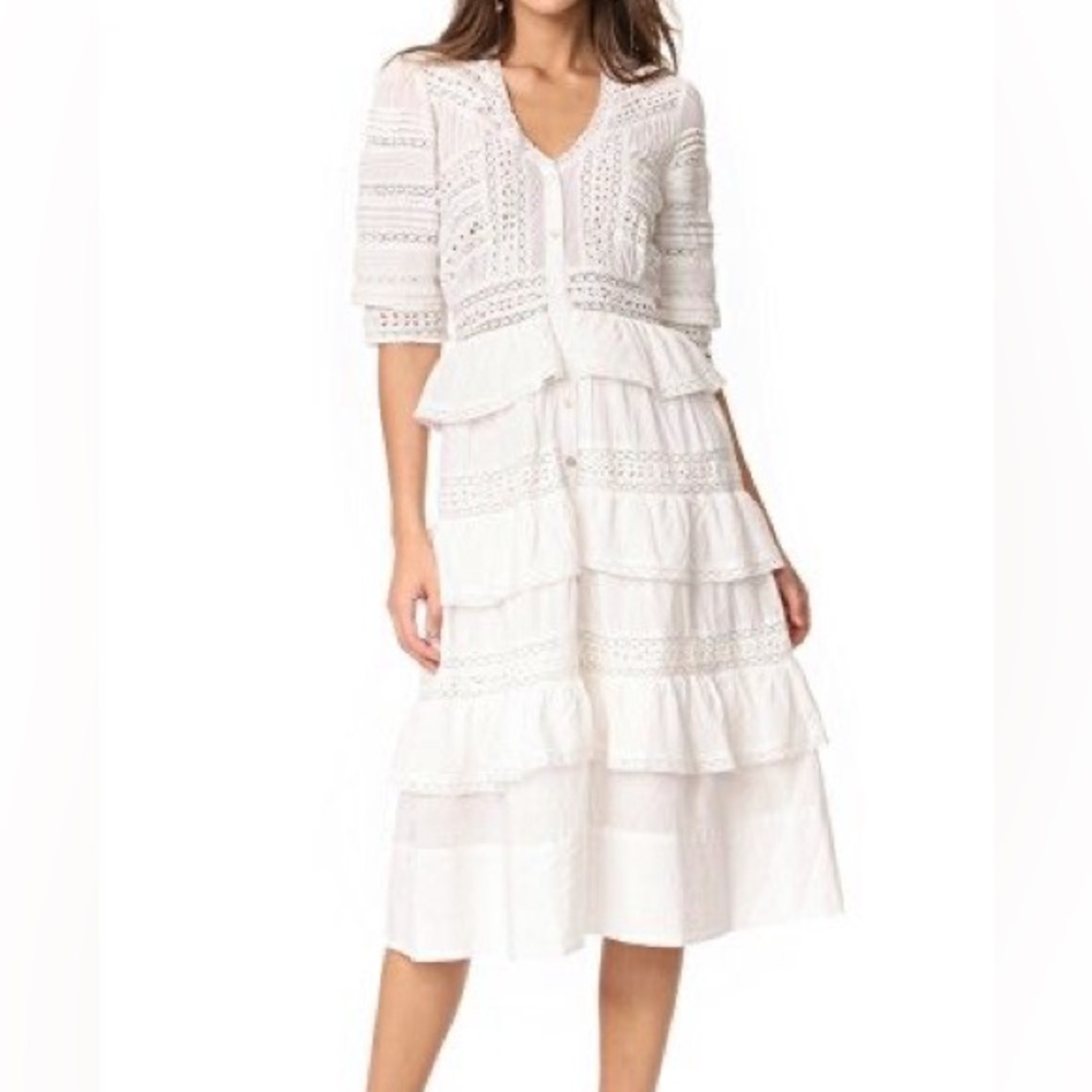 LoveShackFancy White Tiered Lace Midi Dress